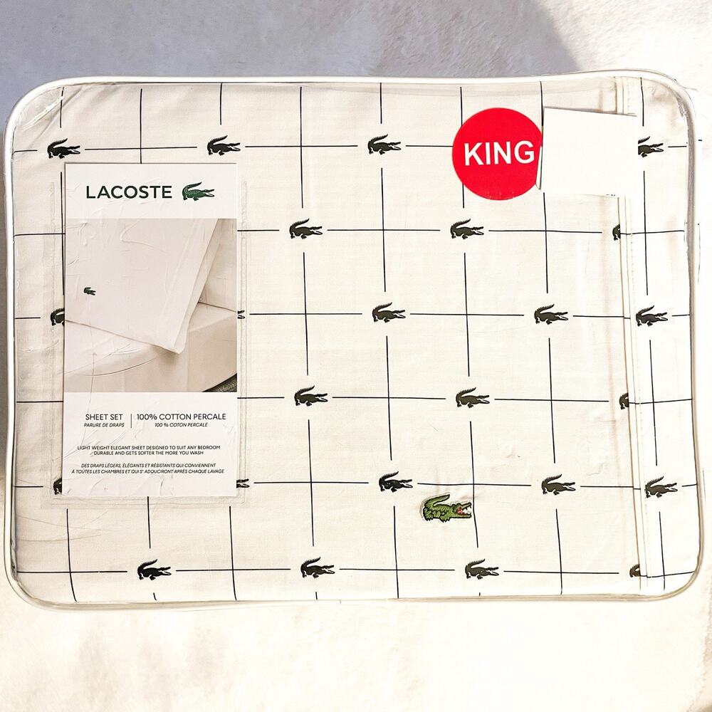 NEW Lacoste Logo 100% Cotton Percale Sheet Set - White Black, King Size